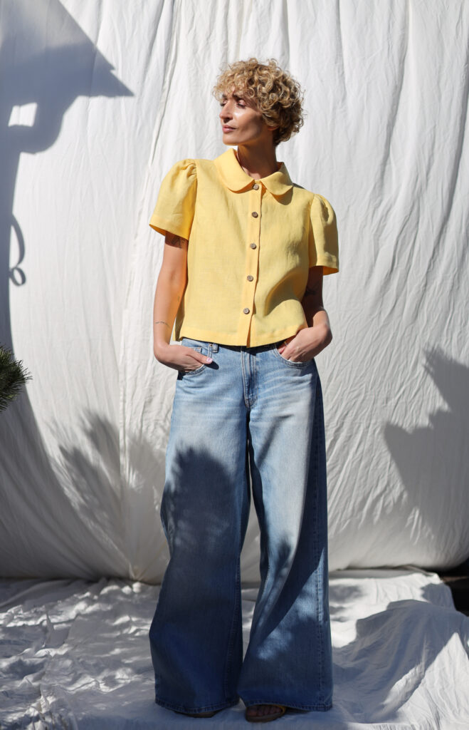 Linen Peter Pan collar short puffy sleeves blouse - Image 1