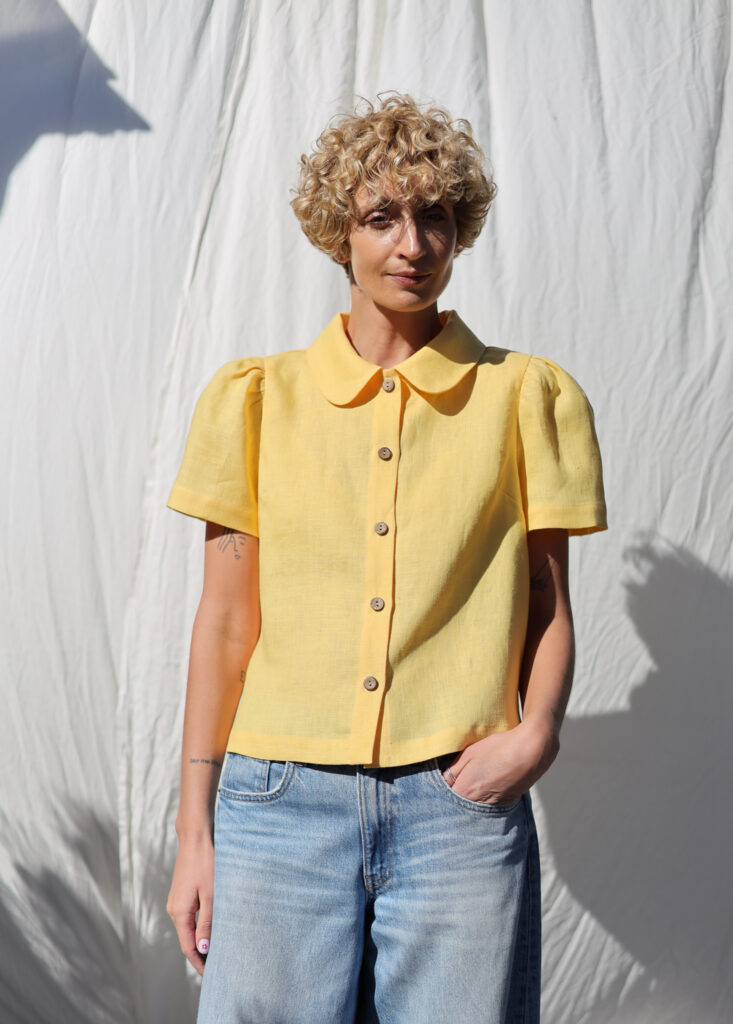 Linen Peter Pan collar short puffy sleeves blouse | Blouse | Sustainable clothing | OffOn clothing