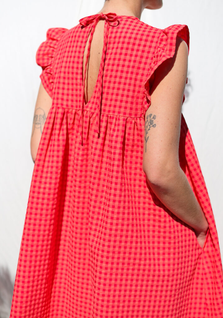 Flutter midi sleeves dress AMANDA in glace cherry red seersucker checks | Dress | Sustainable clothing | OffOn clothing