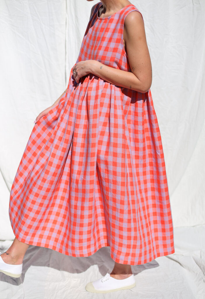 Sleeveless linen smock dress in pink checks | Dress | Sustainable clothing | OffOn clothing
