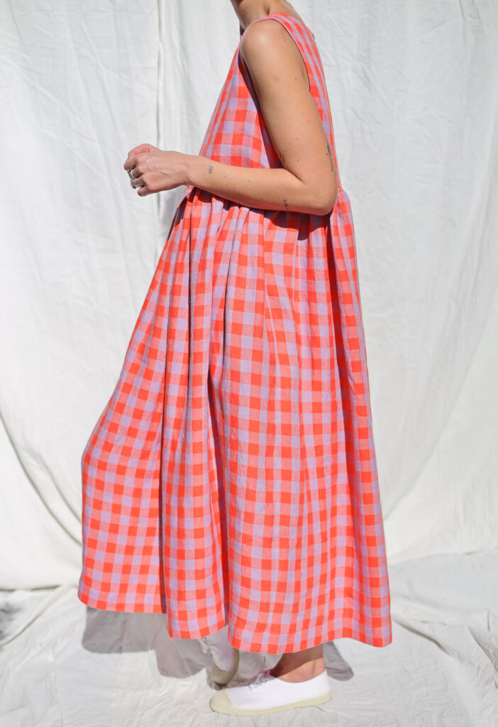Sleeveless linen smock dress in pink checks