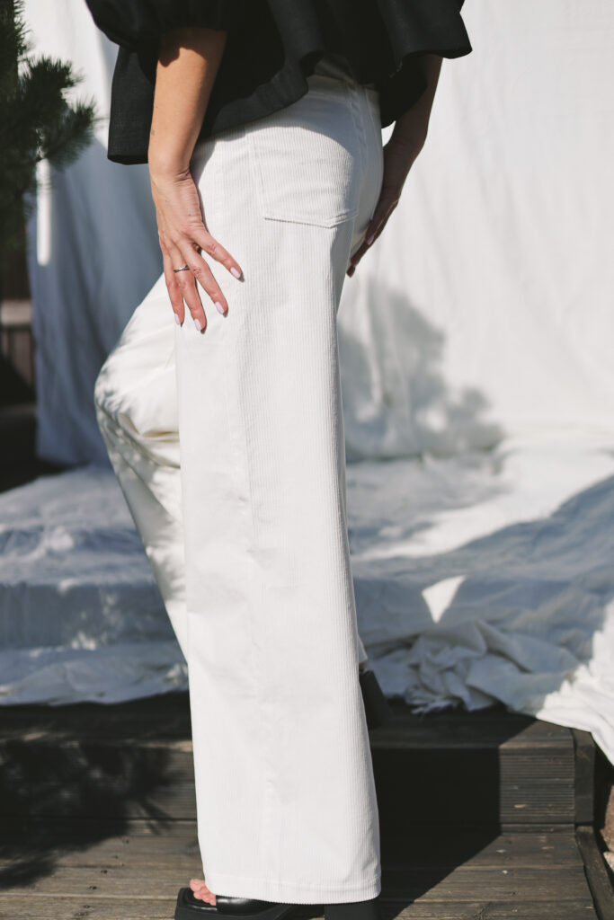 Ecru needlecord high waist wide leg trousers LUNA | Trousers | Sustainable clothing | OffOn clothing