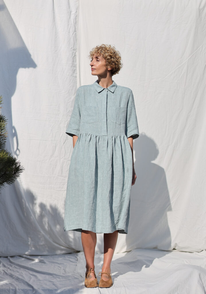 Flowy linen shirt dress with tie belt - Image 3