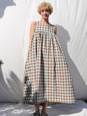 Sleeveless loose fit Maxi dress LILOU in Eggshell Blue seersucker checks | Dress | Sustainable clothing | OffOn clothing