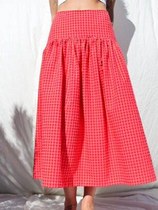 Yoke hand ruffle skirt BRIGIT in Glace Cherry Red seersucker checks | Skirt | Sustainable clothing | OffOn clothing