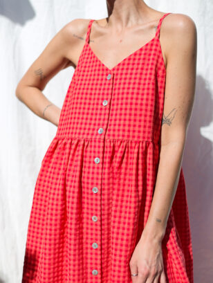 Adjustable straps glace cherry seersucker checks dress ELOISE | Dress | Sustainable clothing | OffOn clothing
