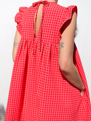 Flutter midi sleeves dress AMANDA in glace cherry red seersucker checks | Dress | Sustainable clothing | OffOn clothing