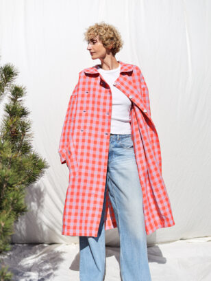 Double breasted linen oversized coat in checks | Coat | Sustainable clothing | OffOn clothing