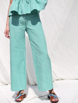 Higher waist cropped leg culottes in jungle green seersucker check | Trousers | Sustainable clothing | OffOn clothing
