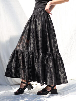 Black floral viscose organza ruffled hem skirt with elasticated waist BLOOM | Skirt | Sustainable clothing | OffOn clothing