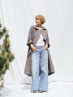 Linen oversized coat in blue bonnet checks | Coat | Sustainable clothing | OffOn clothing