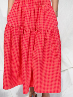 Elasticated waist Midi skirt in Glace cherry seersucker check | Skirt | Sustainable clothing | OffOn clothing