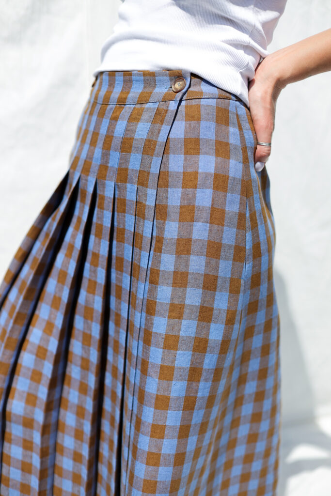 Front pleated wrap linen skirt in bluebonnet checks - Image 3