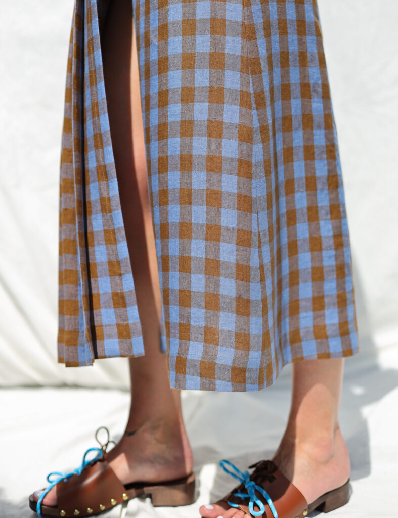 Front pleated wrap linen skirt in bluebonnet checks - Image 4