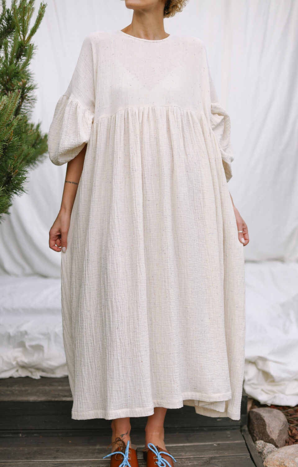 knee length gauze dress Oversized double GRETA in melange ice cream color – OffOn worth avenue white