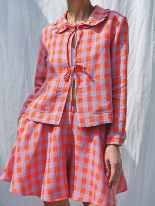 Exclusive linen checks jacket with Peter Pan ruffle collar and ties | Jacket | Sustainable clothing | OffOn clothing