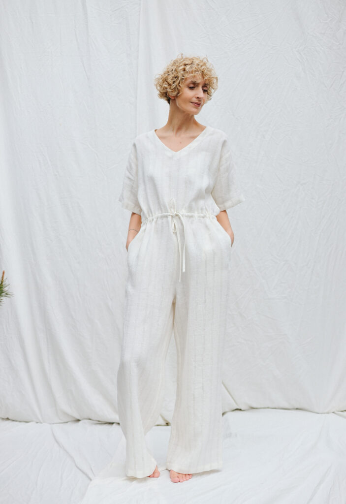 Linen V-neck Wide Legs Jumpsuit with Drawstring In Off-white Natural Stripes | Dress | Sustainable clothing | OffOn clothing
