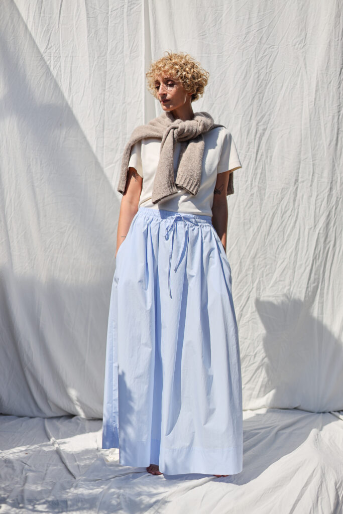 Light Blue Organic Cotton Elasticated Waist Maxi Skirt With Pleats | Skirt | Sustainable clothing | OffOn clothing