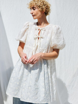 Puffy Sleeves Babydoll Dress in Ivory Embroidered Silk and Cotton | Dress | Sustainable clothing | OffOn clothing