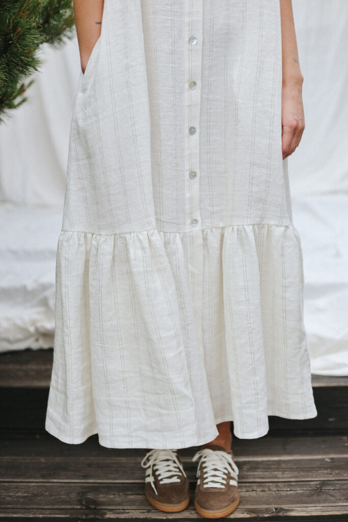 White Striped Adjustable Strap Dress with Ruffled Hem - Image 5