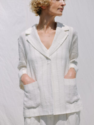 White Striped Linen 3/4 Sleeve Blazer | Jacket | Sustainable clothing | OffOn clothing