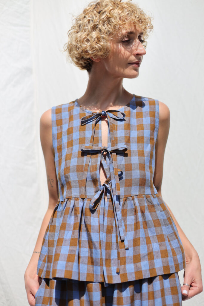 Sleeveless Bluebonnet Checked Linen Top with Ties | Blouse | Sustainable clothing | OffOn clothing