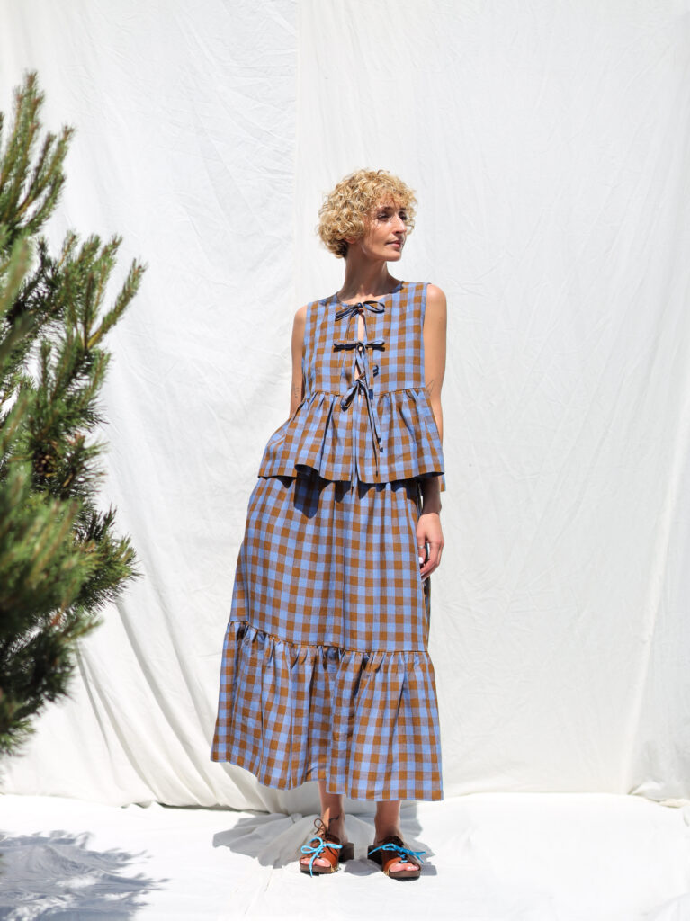 Sleeveless Bluebonnet Checked Linen Top with Ties - Image 1