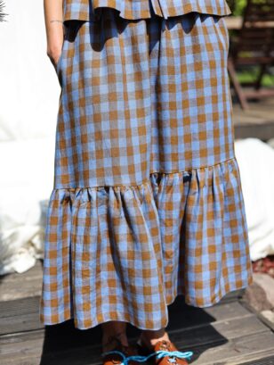Elastic Waist Ruffled Hem Midi Skirt In Blue Checked Linen | Skirt | Sustainable clothing | OffOn clothing