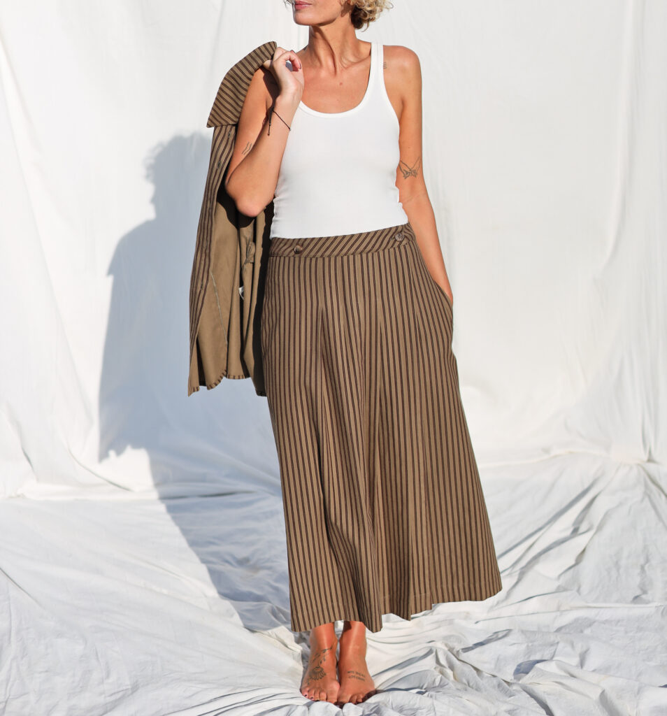 Front pleated wrap skirt in khaki striped skirt | Skirt | Sustainable clothing | OffOn clothing