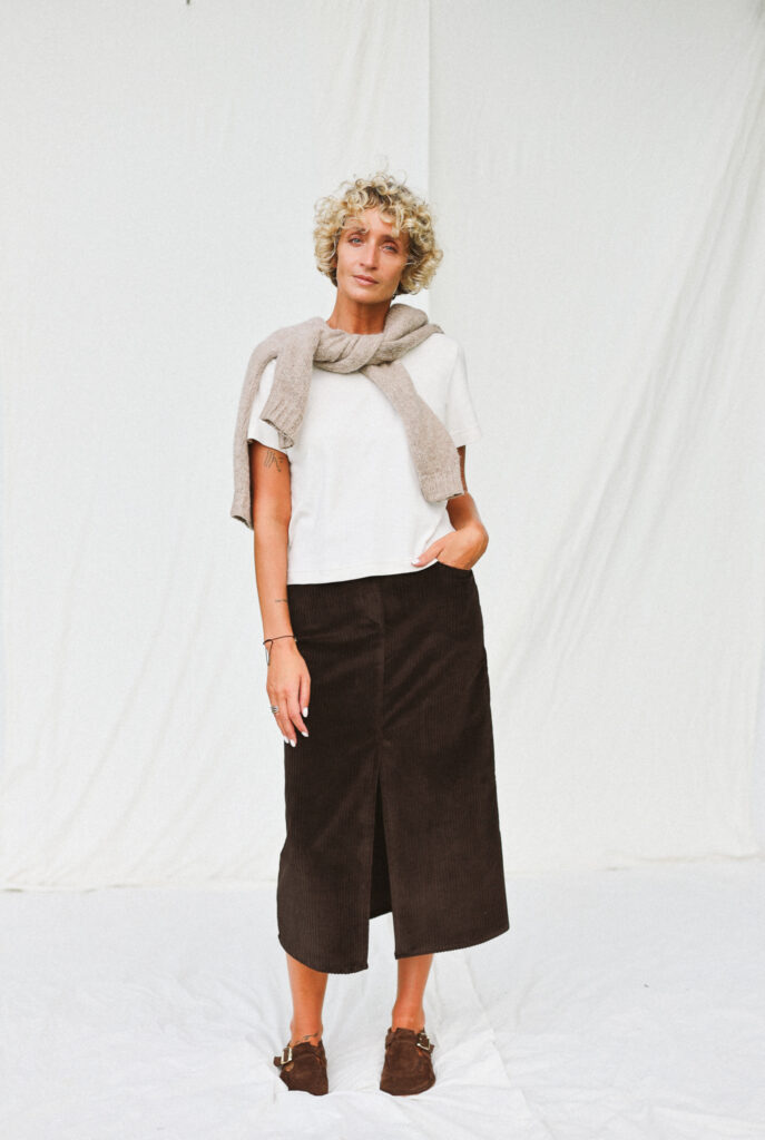 Wide Wale Cord Pencil Skirt in Dark Brown | Skirt | Sustainable clothing | OffOn clothing