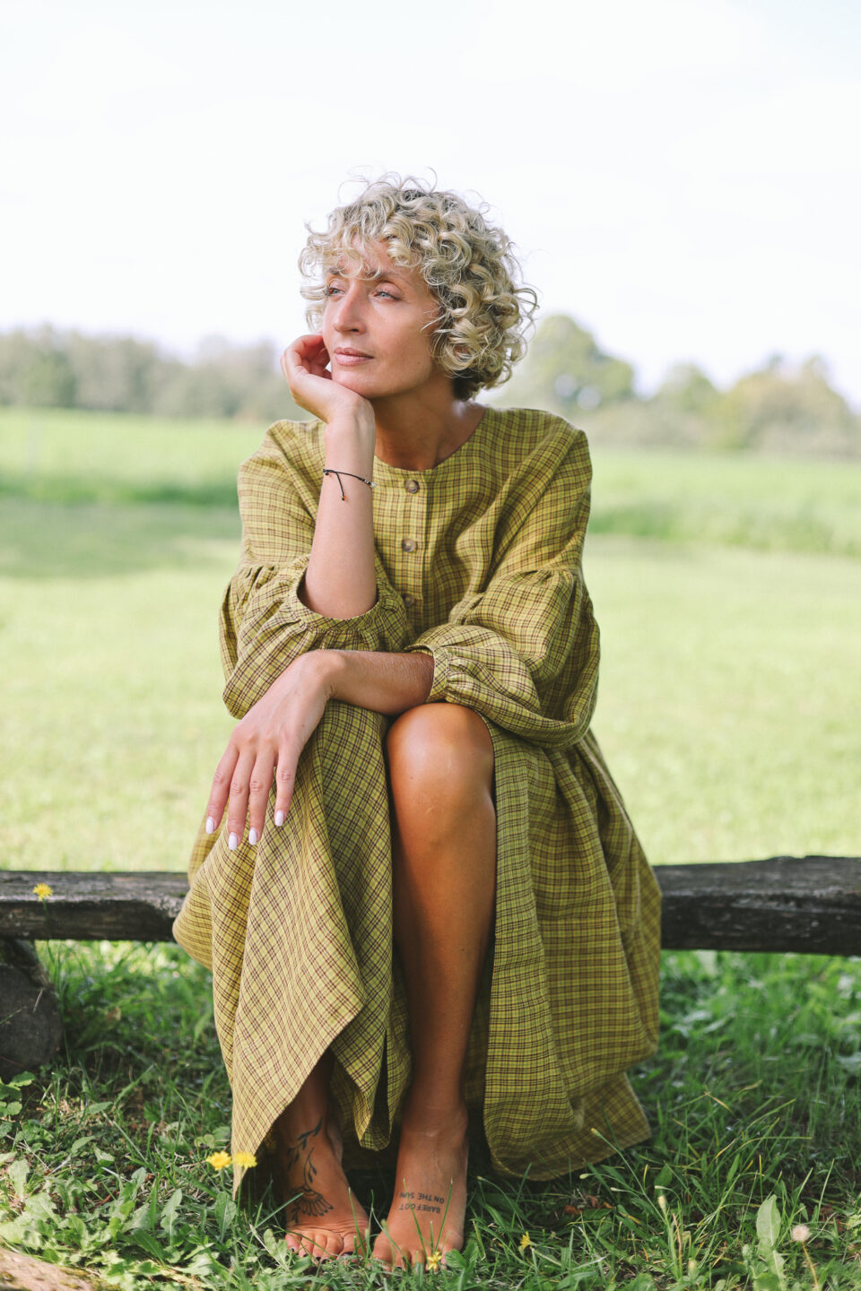 Oversized drop shoulder linen dress GRETA in mustard yellow checks