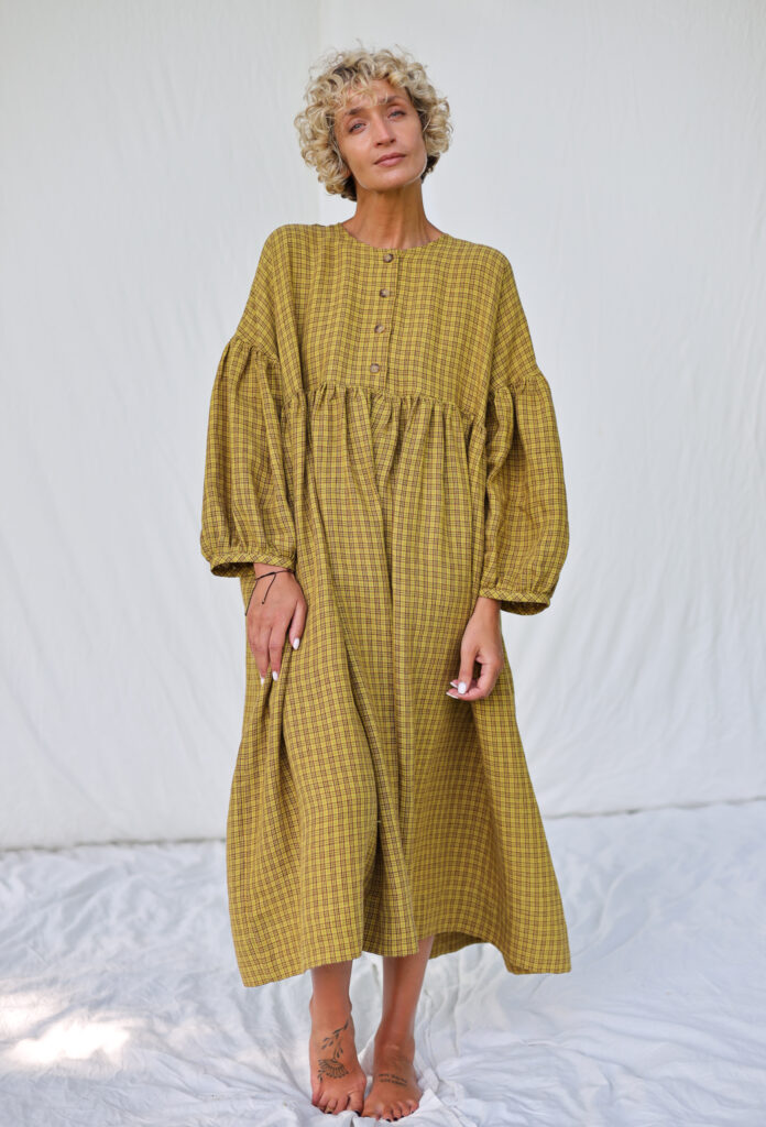 Oversized drop shoulder linen dress GRETA in mustard yellow checks | Dress | Sustainable clothing | OffOn clothing