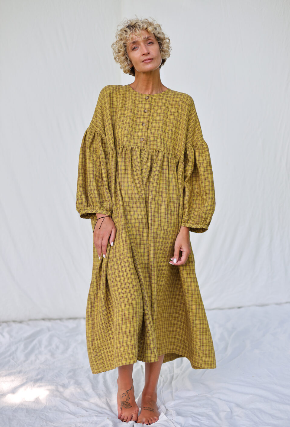 Oversized drop shoulder linen dress GRETA in mustard yellow checks