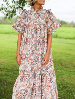 Ruffled Neck A-line Tiered Dress In Silky Tana Lawn Cotton | Dress | Sustainable clothing | OffOn clothing