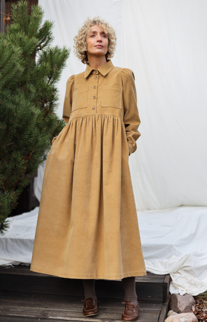 Needlecord Long Puffy Sleeves Dress with Chest Pockets | Dress | Sustainable clothing | OffOn clothing