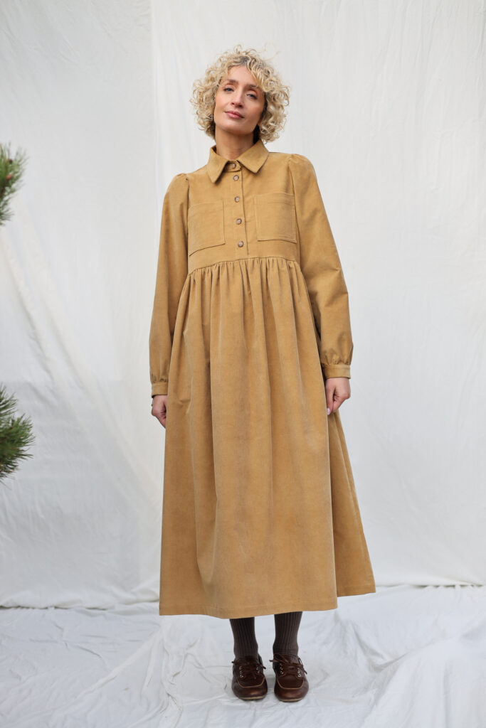 Needlecord Long Puffy Sleeves Dress with Chest Pockets - Image 1