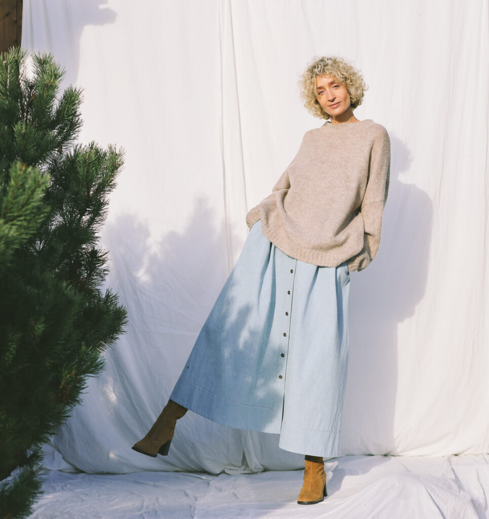Denim A-line full skirt with front pleats in bleached light blue - Image 5