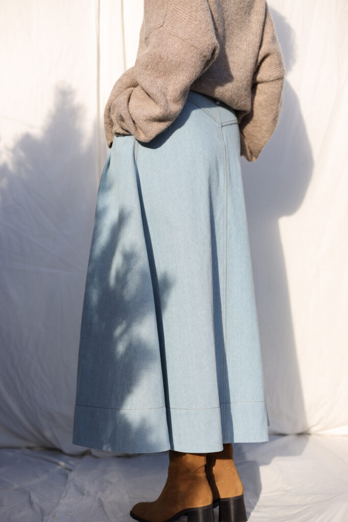 Denim A-line full skirt with front pleats in bleached light blue - Image 4