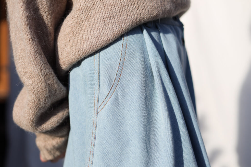 Denim A-line full skirt with front pleats in bleached light blue - Image 3