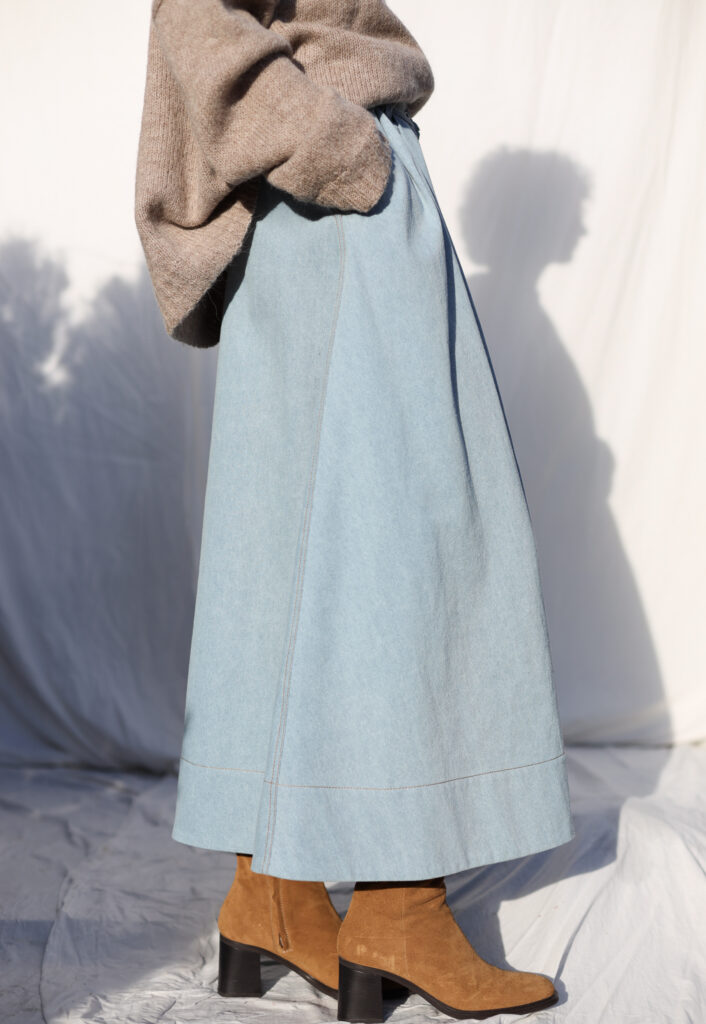 Denim A-line full skirt with front pleats in bleached light blue - Image 2