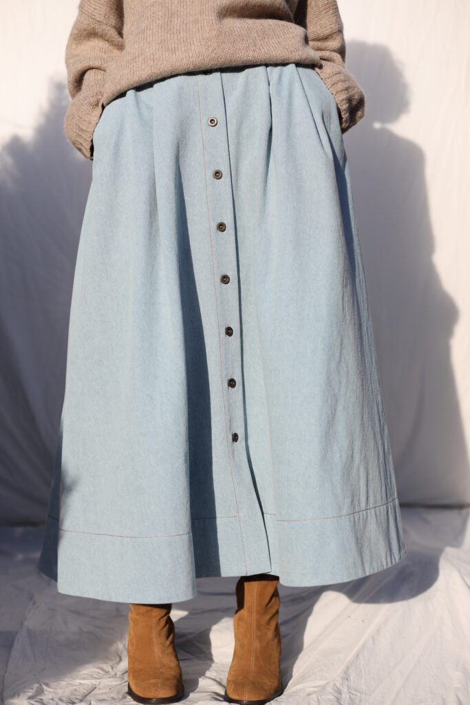 Denim A-line full skirt with front pleats in bleached light blue - Image 1