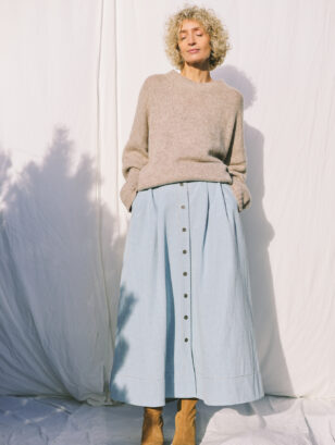 Denim A-line full skirt with front pleats in bleached light blue | Skirt | Sustainable clothing | OffOn clothing