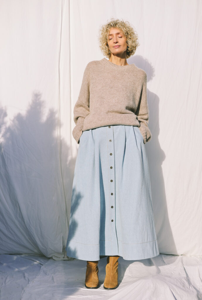 Denim A-line full skirt with front pleats in bleached light blue | Skirt | Sustainable clothing | OffOn clothing