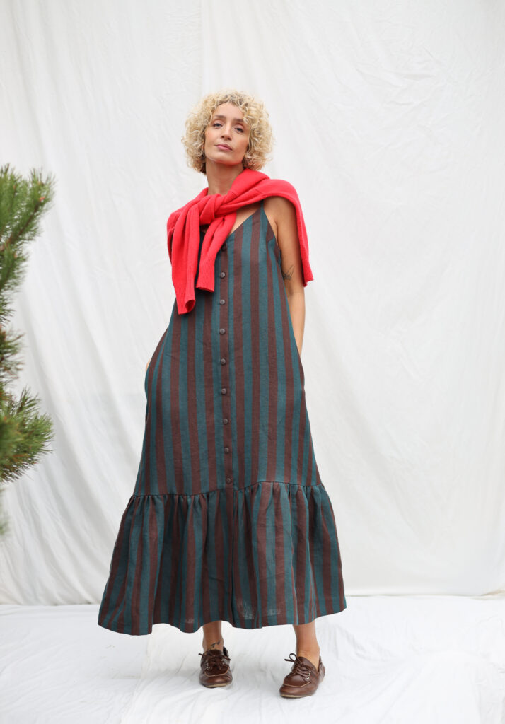 Linen Sleeveless Adjustable Strap Dress With Ruffled Hem - Image 1