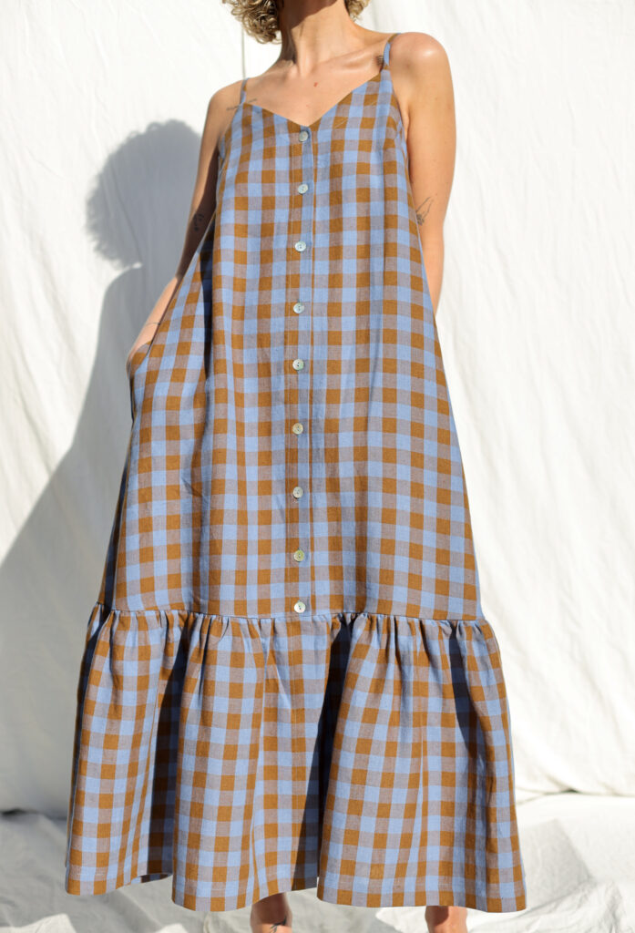 Sleeveless Checks Linen Dress With Ruffled Hem - Image 1