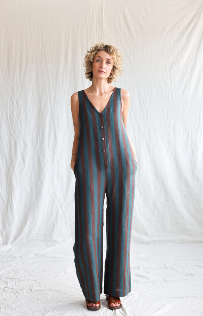 Linen sleeveless wide leg jumpsuit in turquoise stripes | Jumpsuit | Sustainable clothing | OffOn clothing