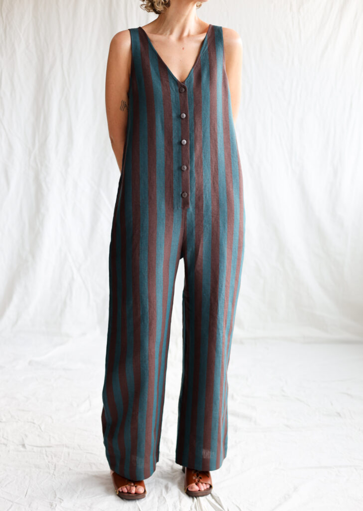 Linen sleeveless wide leg jumpsuit in turquoise stripes - Image 3