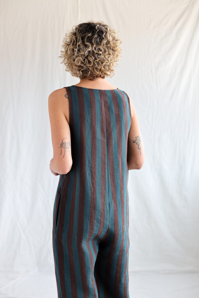 Linen sleeveless wide leg jumpsuit in turquoise stripes - Image 1