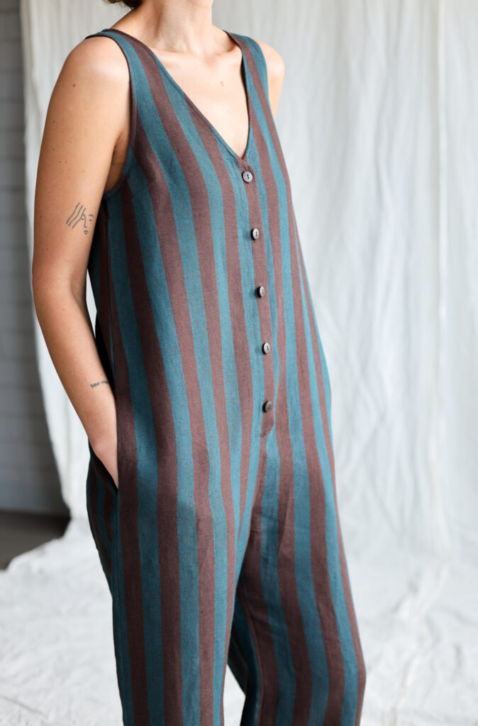 Linen sleeveless wide leg jumpsuit in turquoise stripes - Image 2