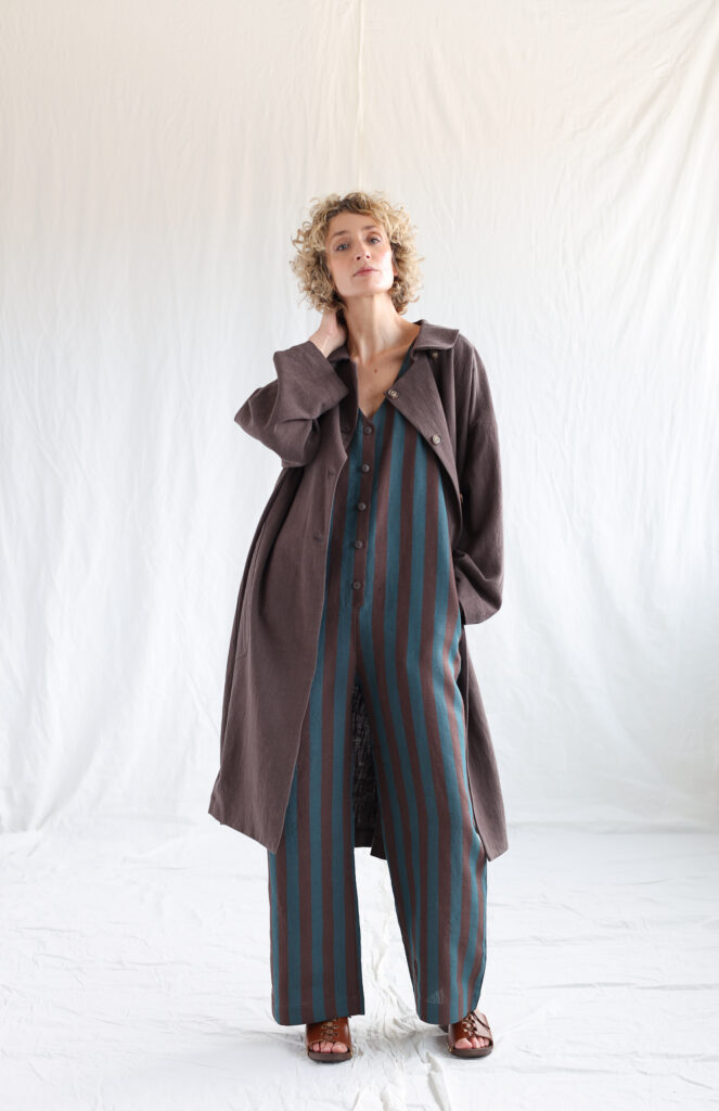 Linen sleeveless wide leg jumpsuit in turquoise stripes - Image 6